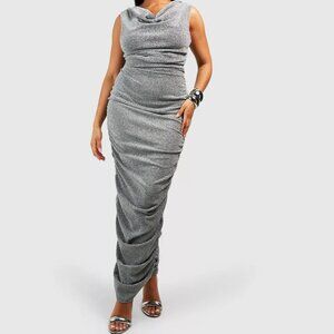 Silver Metallic Ruched Cowl Neck Bodycon Party Maxi Dress